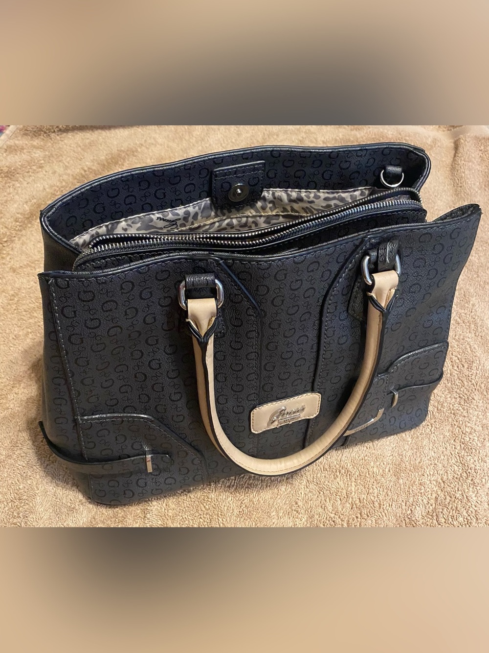 Guess Monogram Satchel Bag Y2K Charcoal Black Beige Top Handle - Picture 12 of 16